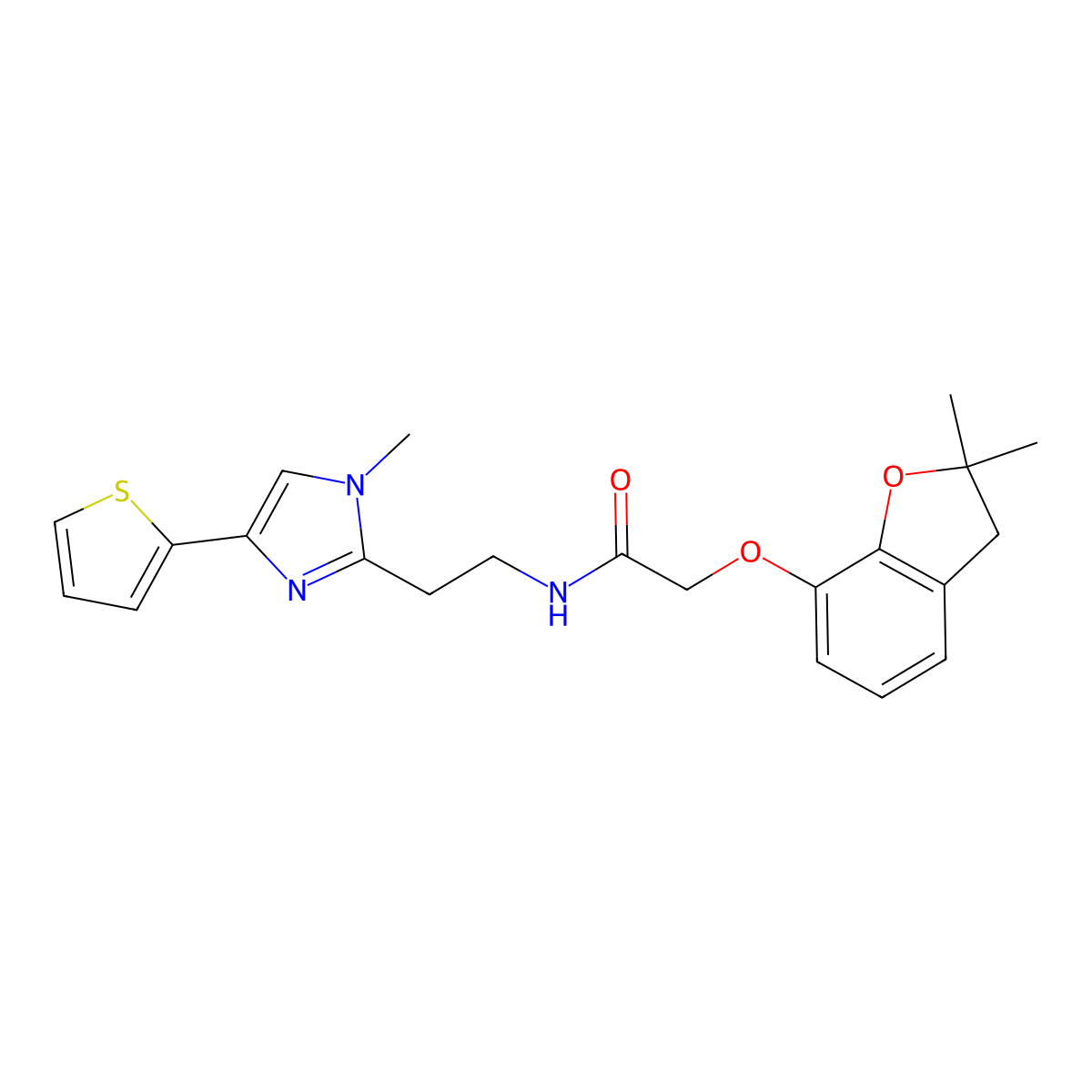 2-((2,2-dimethyl-2,3-dihydrobenzofuran-7-yl)oxy)-N-(2-(1-methyl-4-(thiophen-2-yl)-1H-imidazol-2-yl)ethyl)acetamide molecular structure, CAS 1421499-54-8