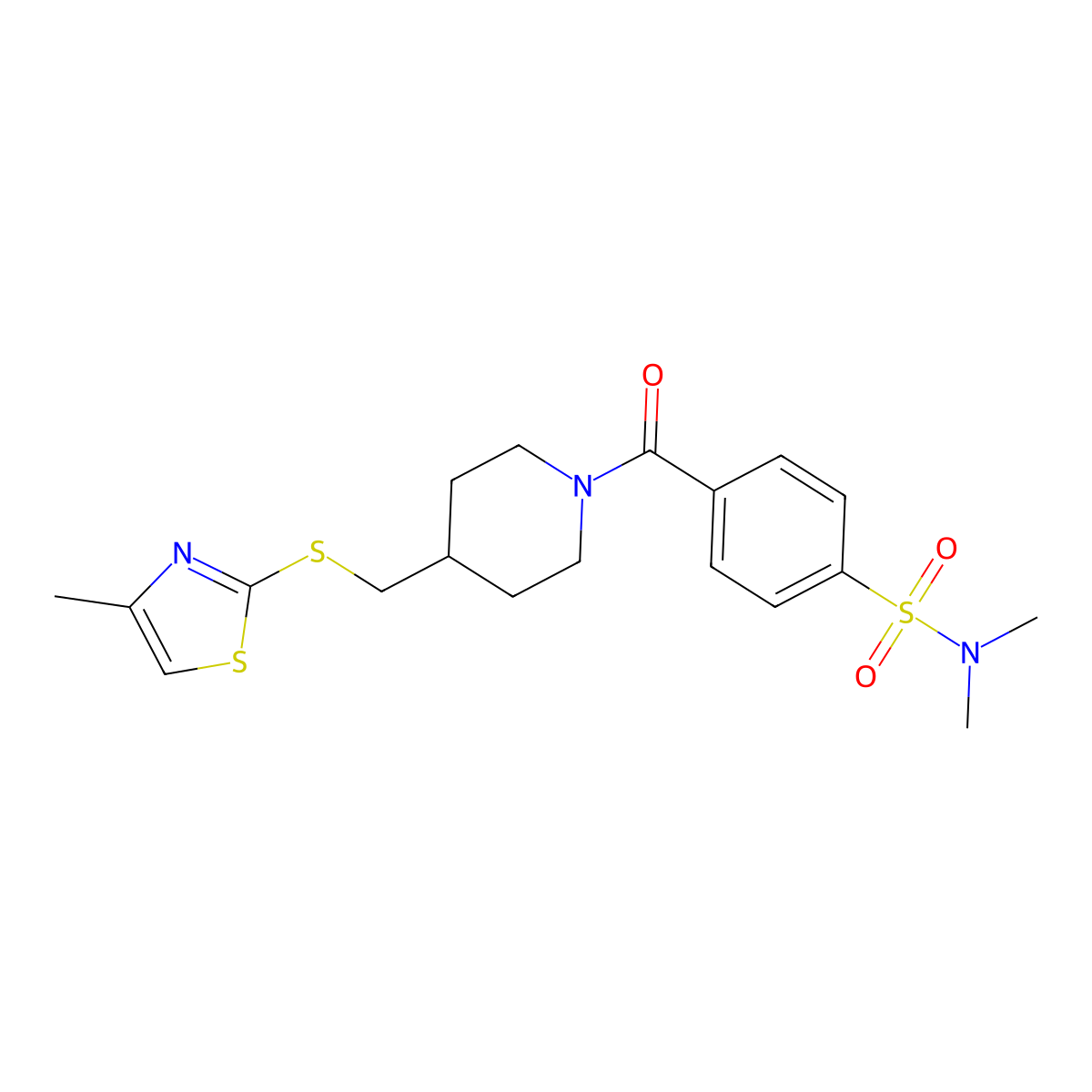 N,N-dimethyl-4-(4-(((4-methylthiazol-2-yl)thio)methyl)piperidine-1-carbonyl)benzenesulfonamide molecular structure, CAS 1421499-62-8