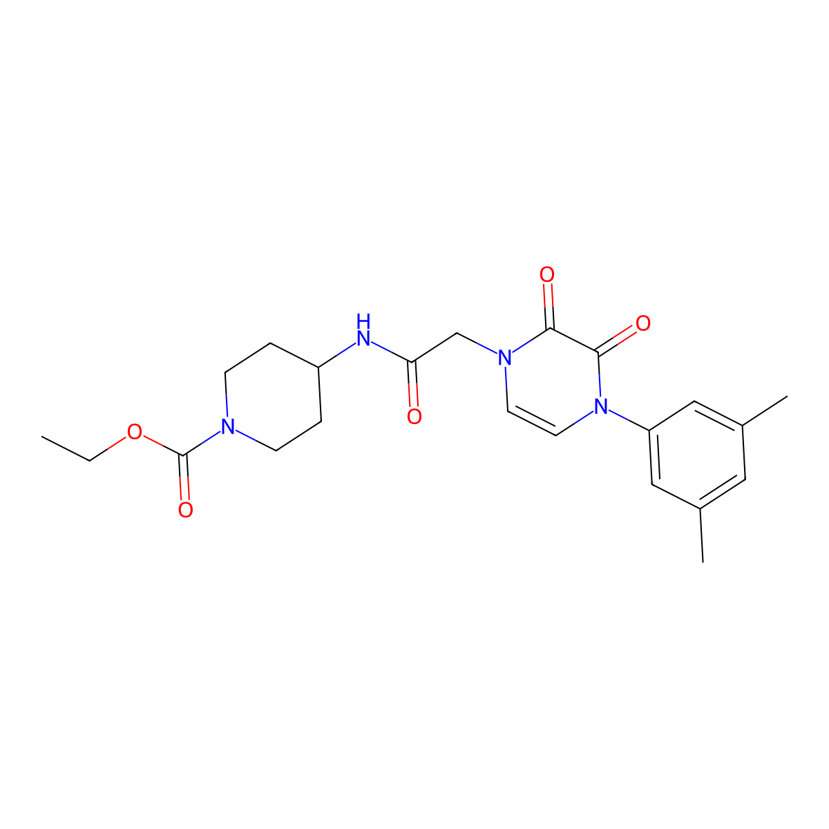 ethyl 4-(2-(4-(3,5-dimethylphenyl)-2,3-dioxo-3,4-dihydropyrazin-1(2H)-yl)acetamido)piperidine-1-carboxylate molecular structure, CAS 1421499-63-9