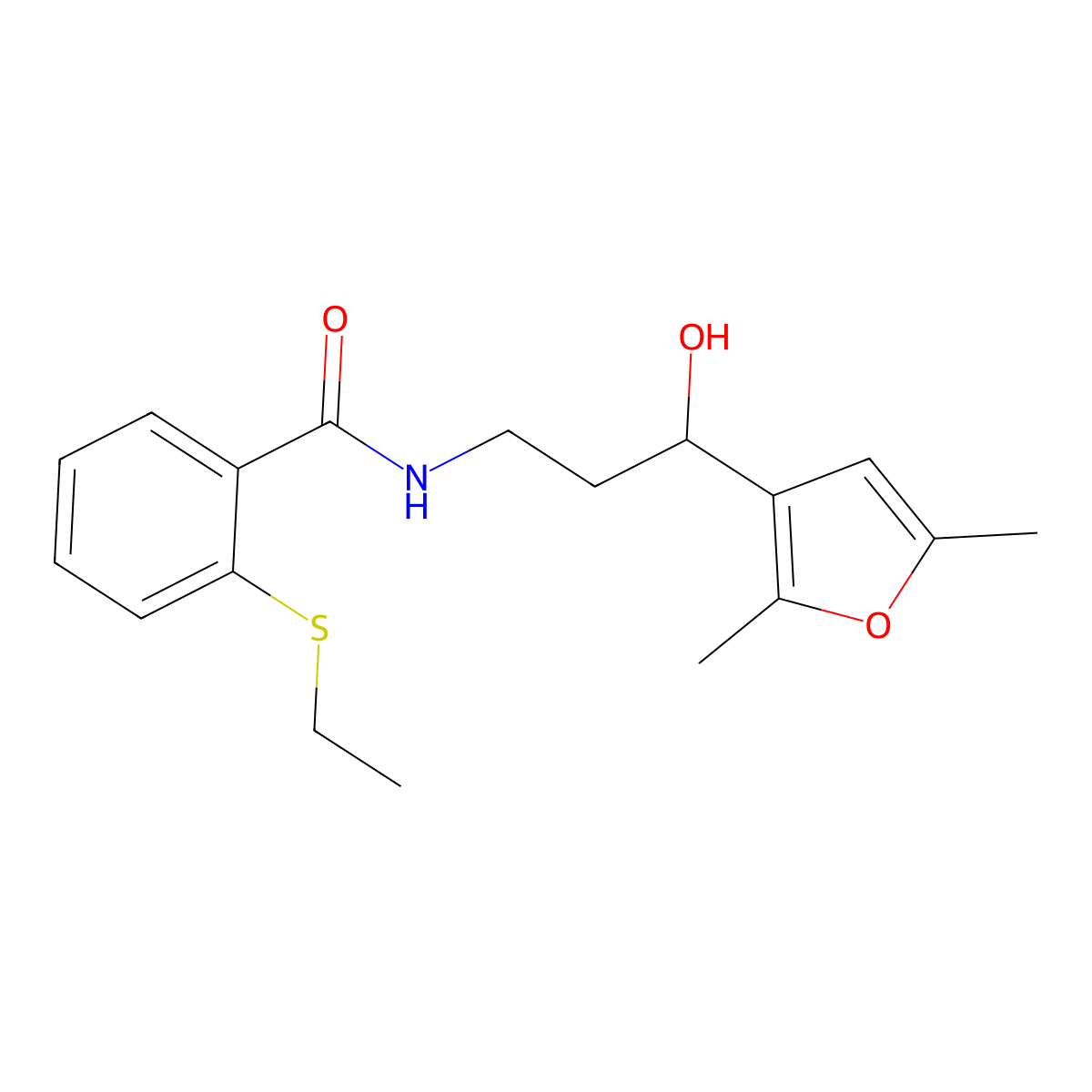 N-(3-(2,5-dimethylfuran-3-yl)-3-hydroxypropyl)-2-(ethylthio)benzamide molecular structure, CAS 1421499-64-0