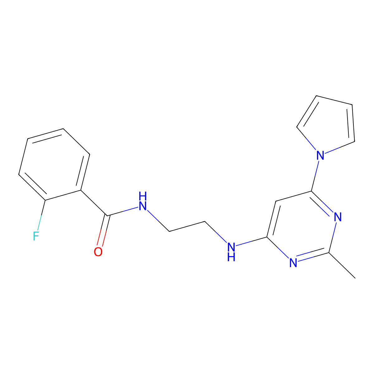 2-fluoro-N-(2-((2-methyl-6-(1H-pyrrol-1-yl)pyrimidin-4-yl)amino)ethyl)benzamide molecular structure, CAS 1421499-68-4