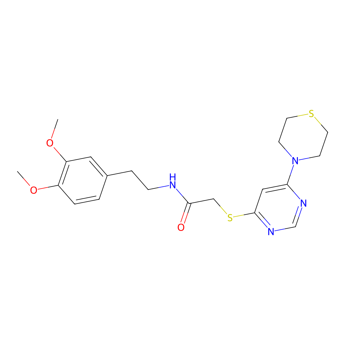 N-[2-(3,4-Dimethoxyphenyl)ethyl]-2-{[6-(thiomorpholin-4-YL)pyrimidin-4-YL]sulfanyl}acetamide molecular structure, CAS 1421499-70-8