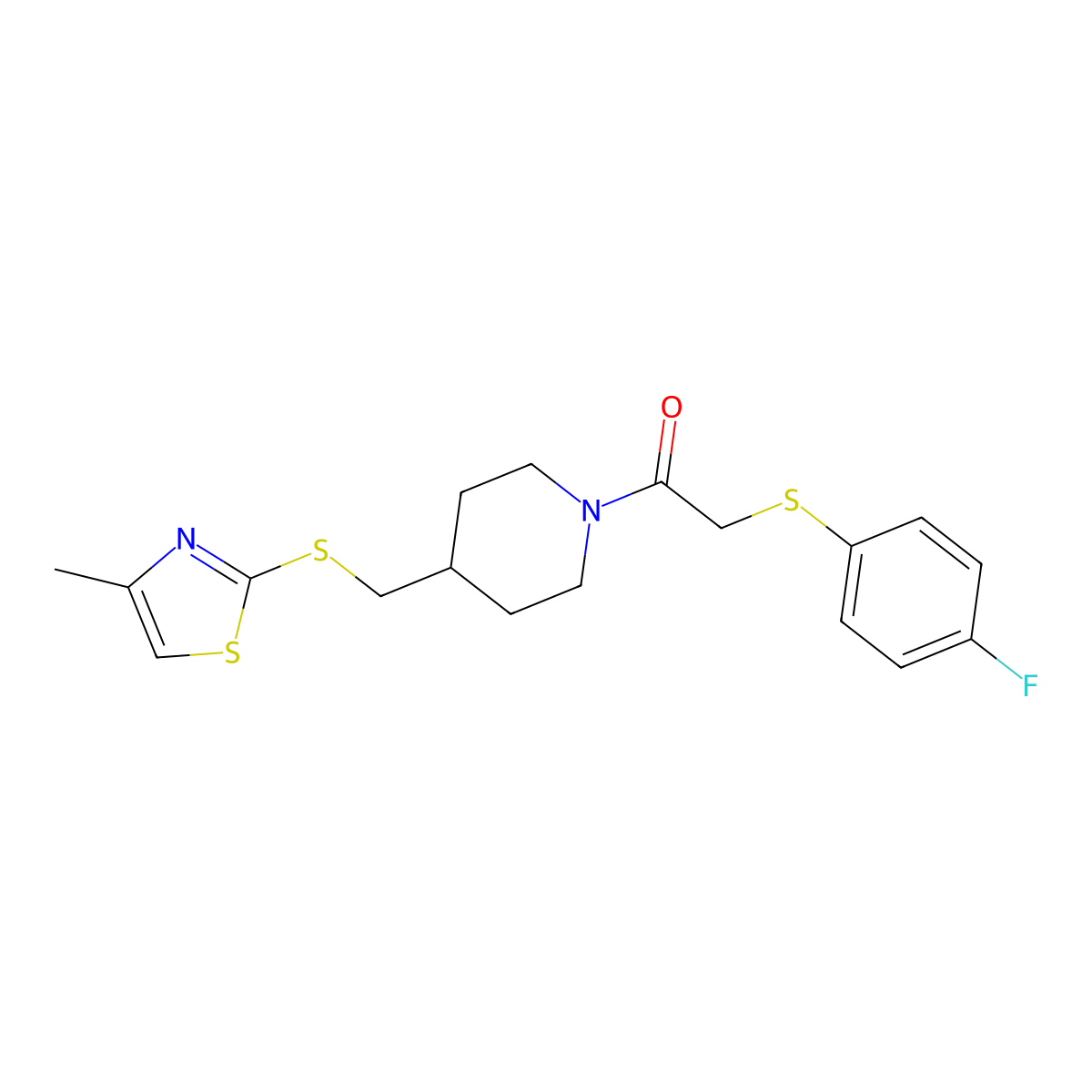 2-((4-Fluorophenyl)thio)-1-(4-(((4-methylthiazol-2-yl)thio)methyl)piperidin-1-yl)ethanone molecular structure, CAS 1421499-80-0