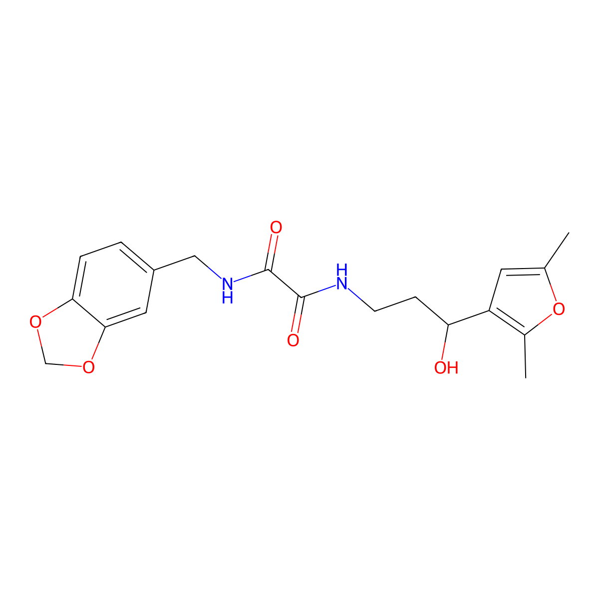 N1-(benzo[d][1,3]dioxol-5-ylmethyl)-N2-(3-(2,5-dimethylfuran-3-yl)-3-hydroxypropyl)oxalamide molecular structure, CAS 1421499-85-5