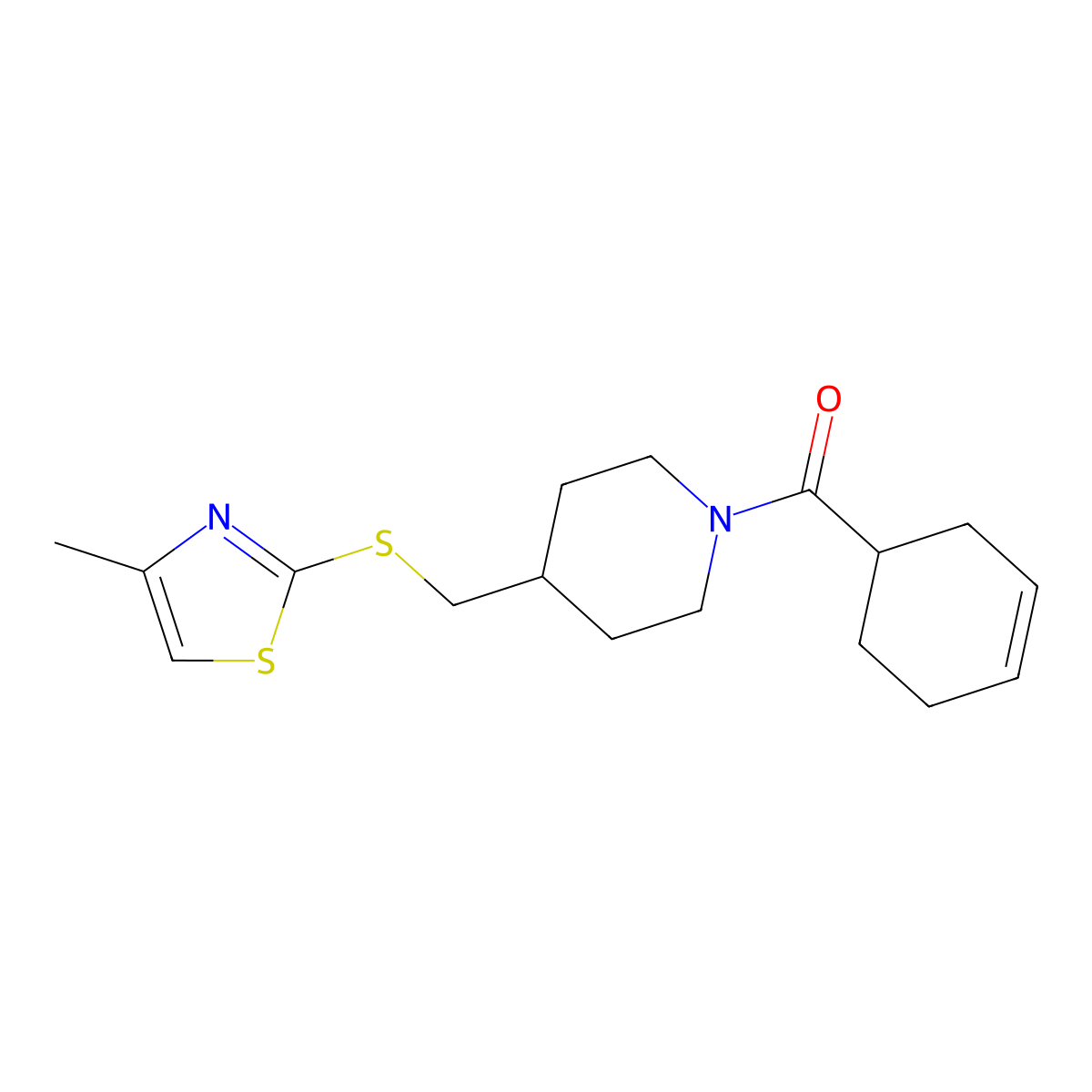 Cyclohex-3-en-1-yl(4-(((4-methylthiazol-2-yl)thio)methyl)piperidin-1-yl)methanone molecular structure, CAS 1421499-88-8
