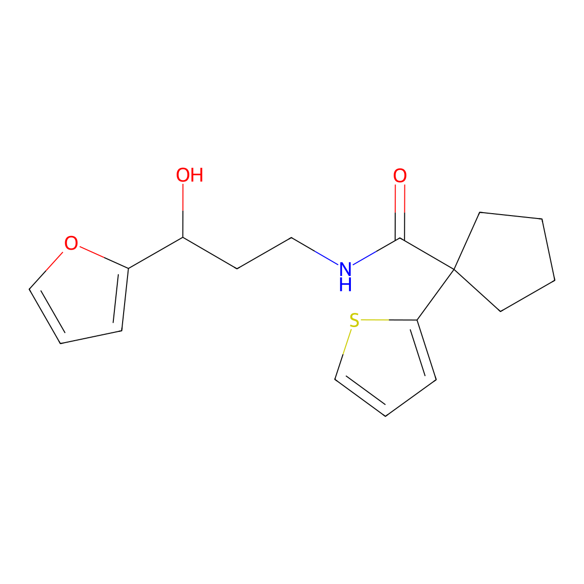 N-(3-(furan-2-yl)-3-hydroxypropyl)-1-(thiophen-2-yl)cyclopentanecarboxamide molecular structure, CAS 1421499-90-2
