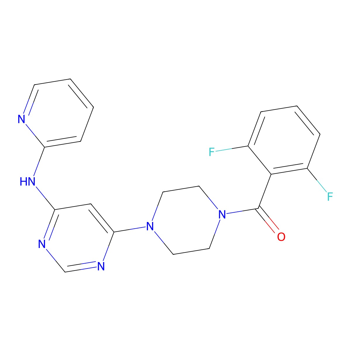 (2,6-Difluorophenyl)(4-(6-(pyridin-2-ylamino)pyrimidin-4-yl)piperazin-1-yl)methanone molecular structure, CAS 1421499-91-3