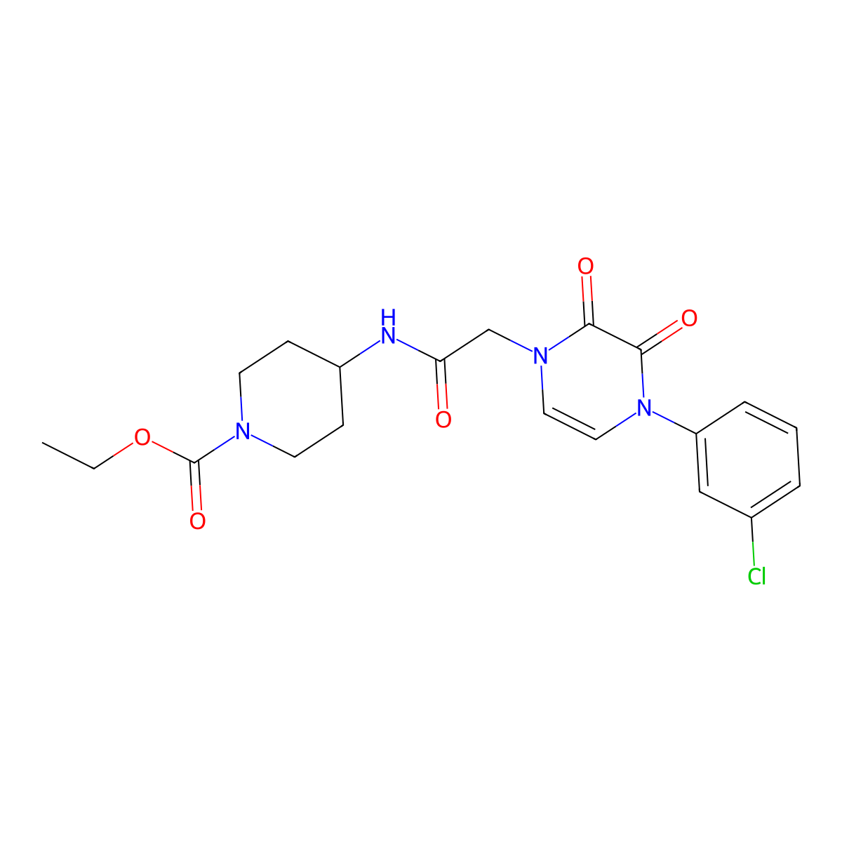 ethyl 4-(2-(4-(3-chlorophenyl)-2,3-dioxo-3,4-dihydropyrazin-1(2H)-yl)acetamido)piperidine-1-carboxylate molecular structure, CAS 1421499-94-6