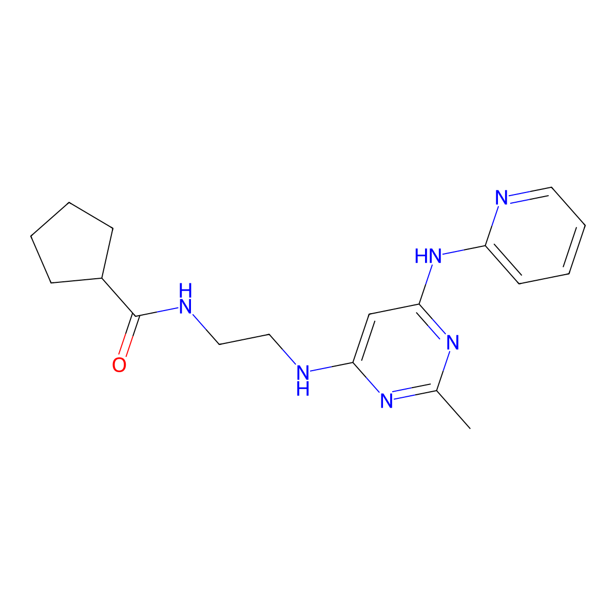 N-(2-((2-methyl-6-(pyridin-2-ylamino)pyrimidin-4-yl)amino)ethyl)cyclopentanecarboxamide molecular structure, CAS 1421499-99-1