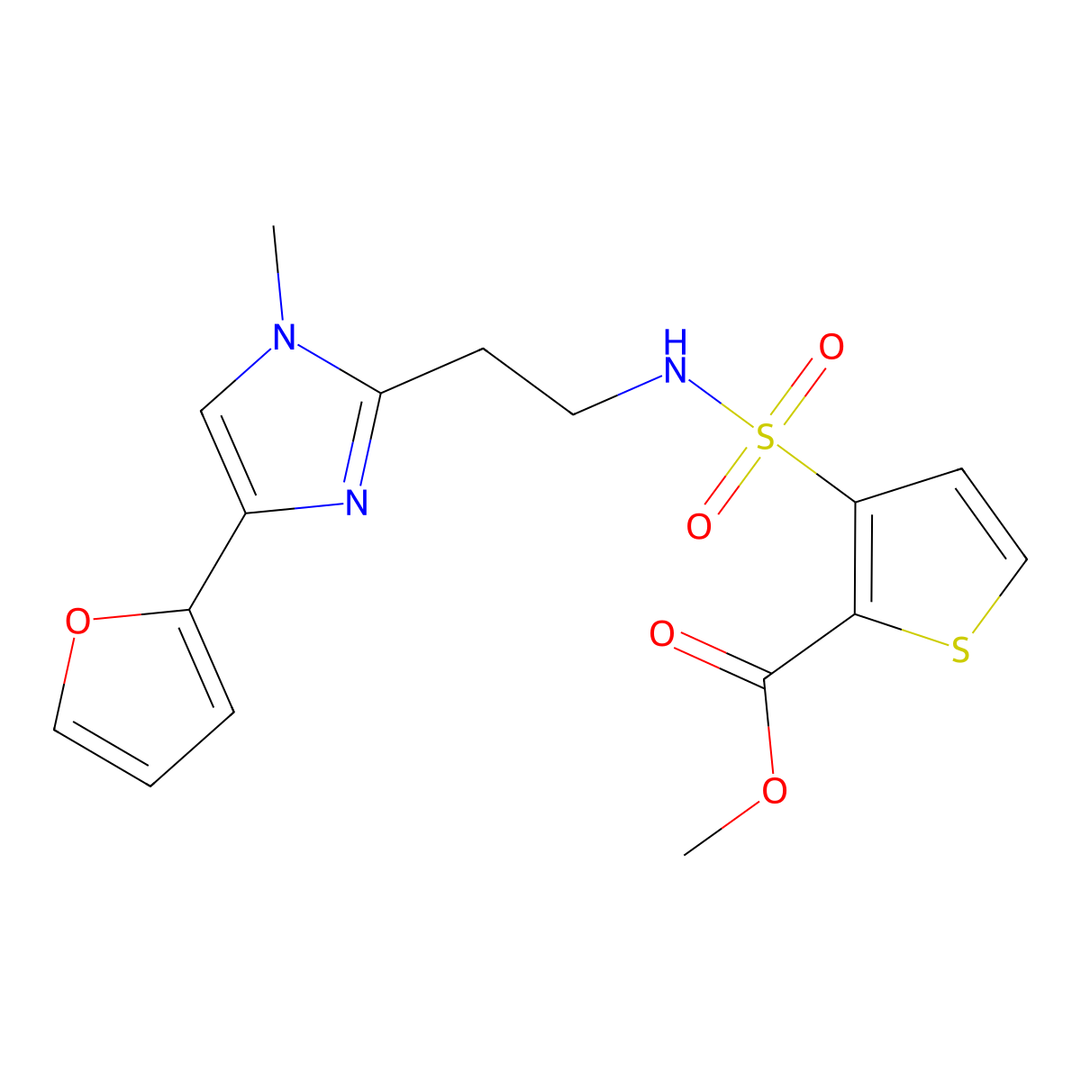 methyl 3-(N-(2-(4-(furan-2-yl)-1-methyl-1H-imidazol-2-yl)ethyl)sulfamoyl)thiophene-2-carboxylate molecular structure, CAS 1421500-00-6