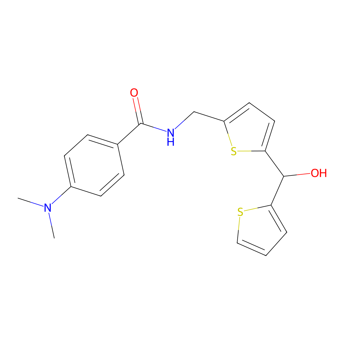 4-(Dimethylamino)-N-({5-[hydroxy(thiophen-2-YL)methyl]thiophen-2-YL}methyl)benzamide molecular structure, CAS 1421500-03-9