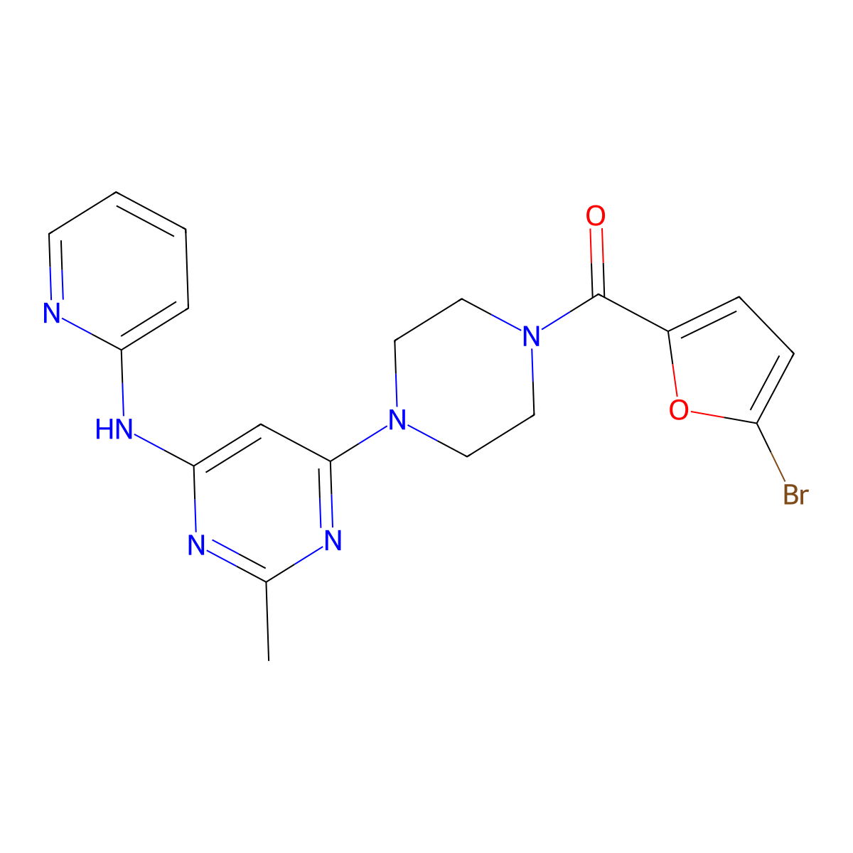 (5-Bromofuran-2-yl)(4-(2-methyl-6-(pyridin-2-ylamino)pyrimidin-4-yl)piperazin-1-yl)methanone molecular structure, CAS 1421500-08-4