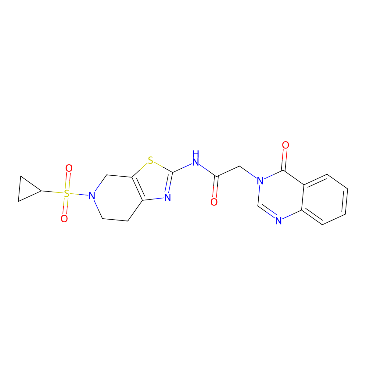 N-(5-(cyclopropylsulfonyl)-4,5,6,7-tetrahydrothiazolo[5,4-c]pyridin-2-yl)-2-(4-oxoquinazolin-3(4H)-yl)acetamide molecular structure, CAS 1421500-11-9
