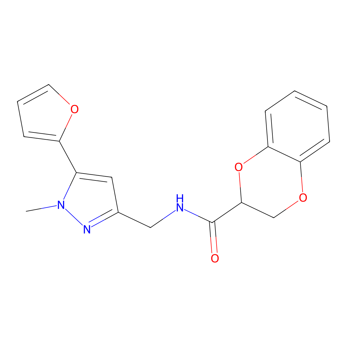 N-((5-(furan-2-yl)-1-methyl-1H-pyrazol-3-yl)methyl)-2,3-dihydrobenzo[b][1,4]dioxine-2-carboxamide molecular structure, CAS 1421500-16-4