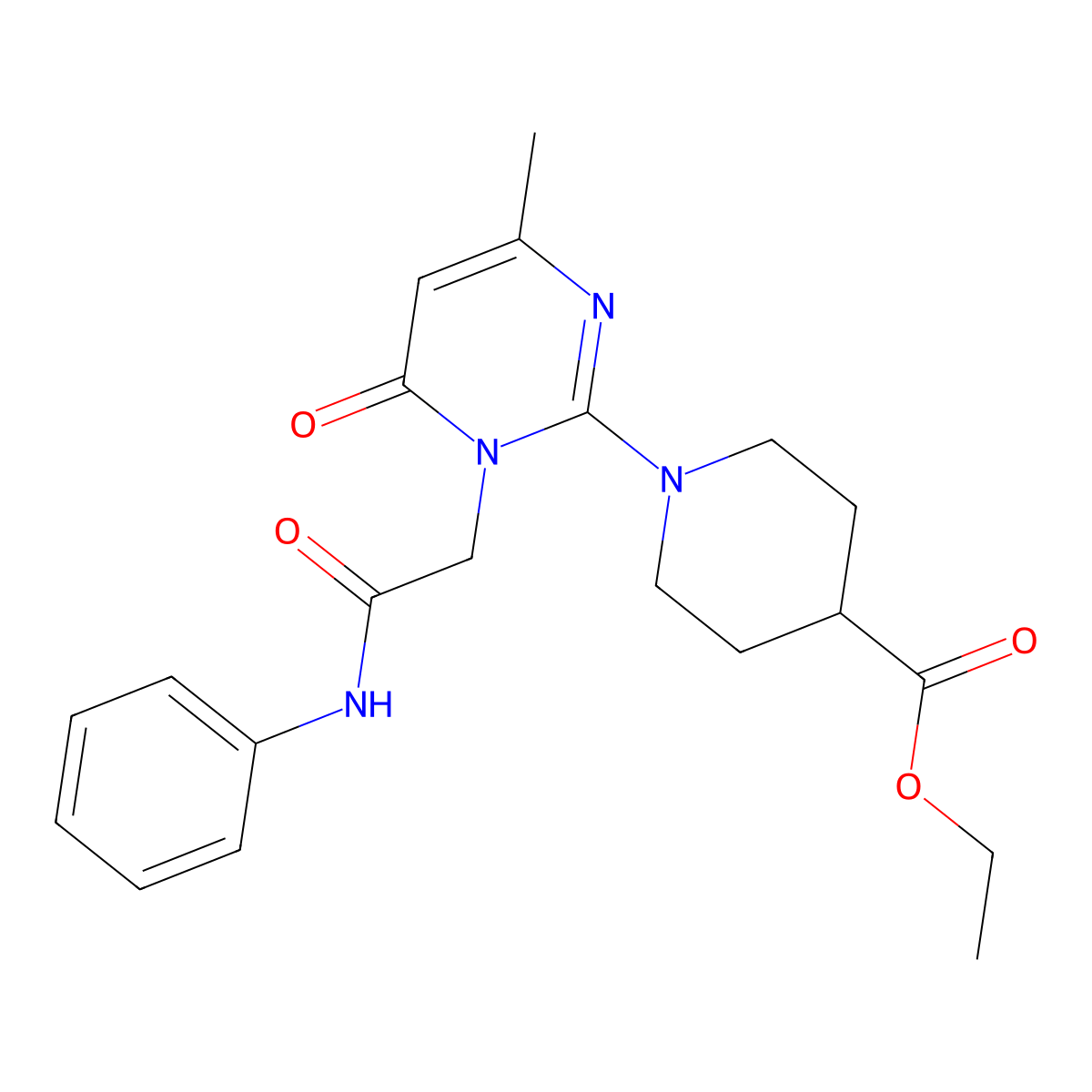 Ethyl 1-(4-methyl-6-oxo-1-(2-oxo-2-(phenylamino)ethyl)-1,6-dihydropyrimidin-2-yl)piperidine-4-carboxylate molecular structure, CAS 1421500-23-3