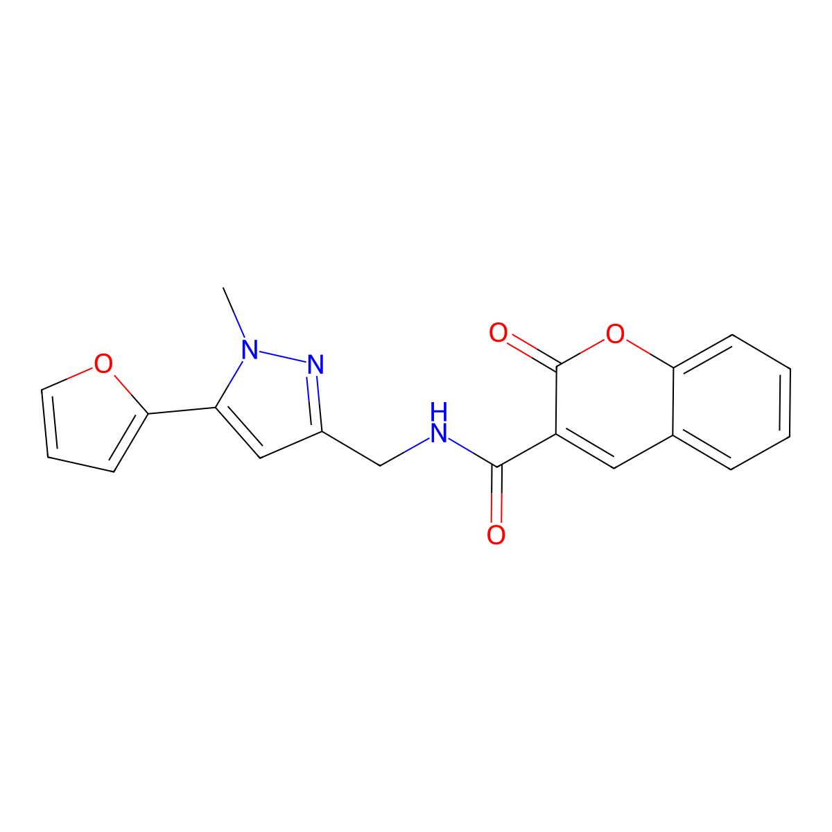 N-{[5-(furan-2-yl)-1-methyl-1H-pyrazol-3-yl]methyl}-2-oxo-2H-chromene-3-carboxamide molecular structure, CAS 1421500-26-6