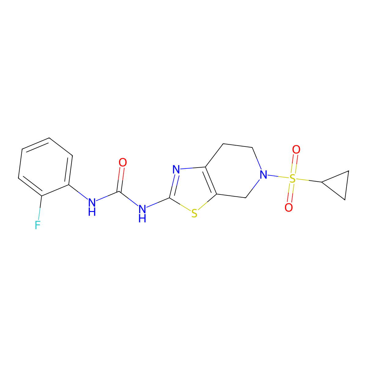 1-(5-(Cyclopropylsulfonyl)-4,5,6,7-tetrahydrothiazolo[5,4-c]pyridin-2-yl)-3-(2-fluorophenyl)urea molecular structure, CAS 1421500-27-7