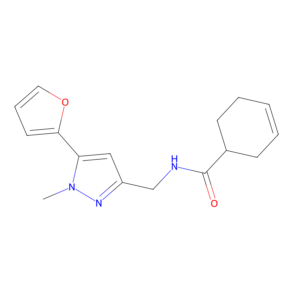 N-{[5-(furan-2-yl)-1-methyl-1H-pyrazol-3-yl]methyl}cyclohex-3-ene-1-carboxamide molecular structure, CAS 1421500-34-6