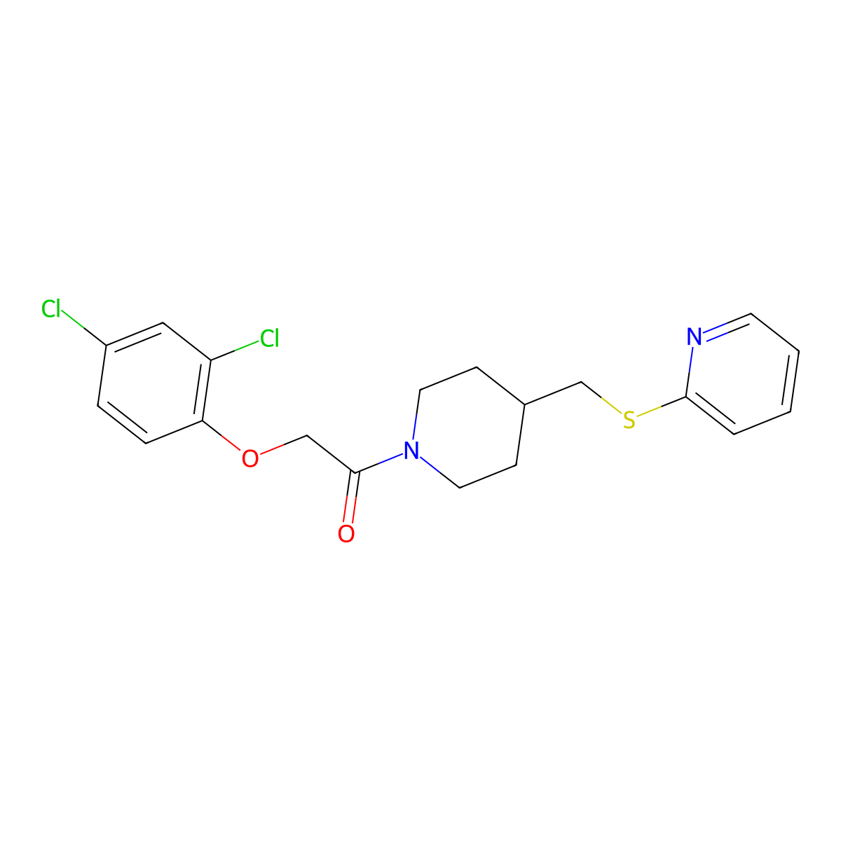 2-(2,4-Dichlorophenoxy)-1-(4-((pyridin-2-ylthio)methyl)piperidin-1-yl)ethanone molecular structure, CAS 1421500-37-9