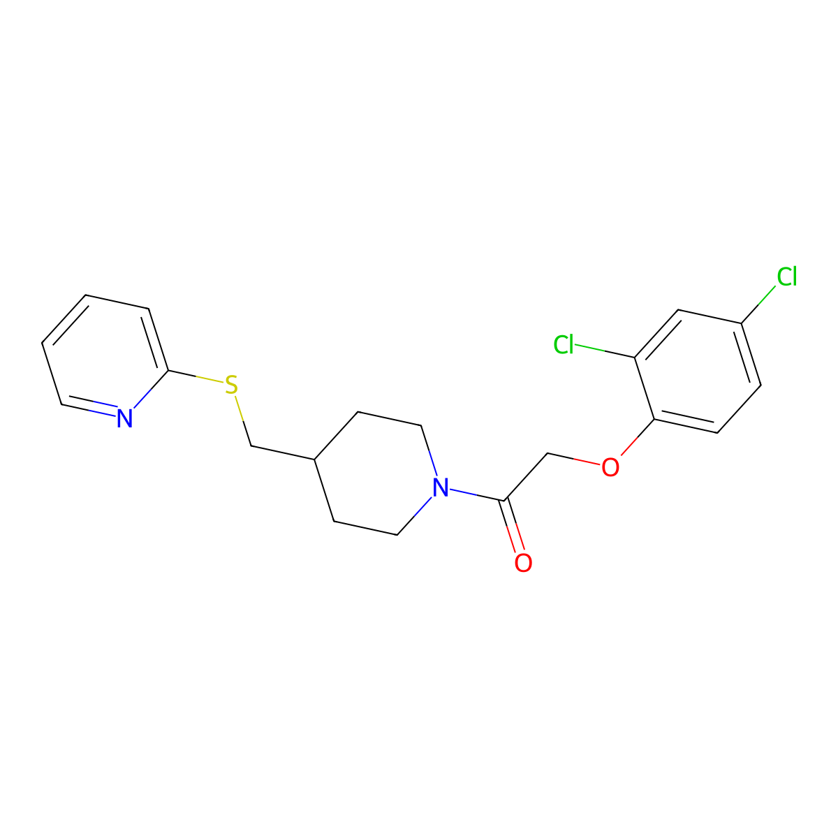 2-(2,4-Dichlorophenoxy)-1-(4-((pyridin-2-ylthio)methyl)piperidin-1-yl)ethanone molecular structure, CAS 1421500-37-9