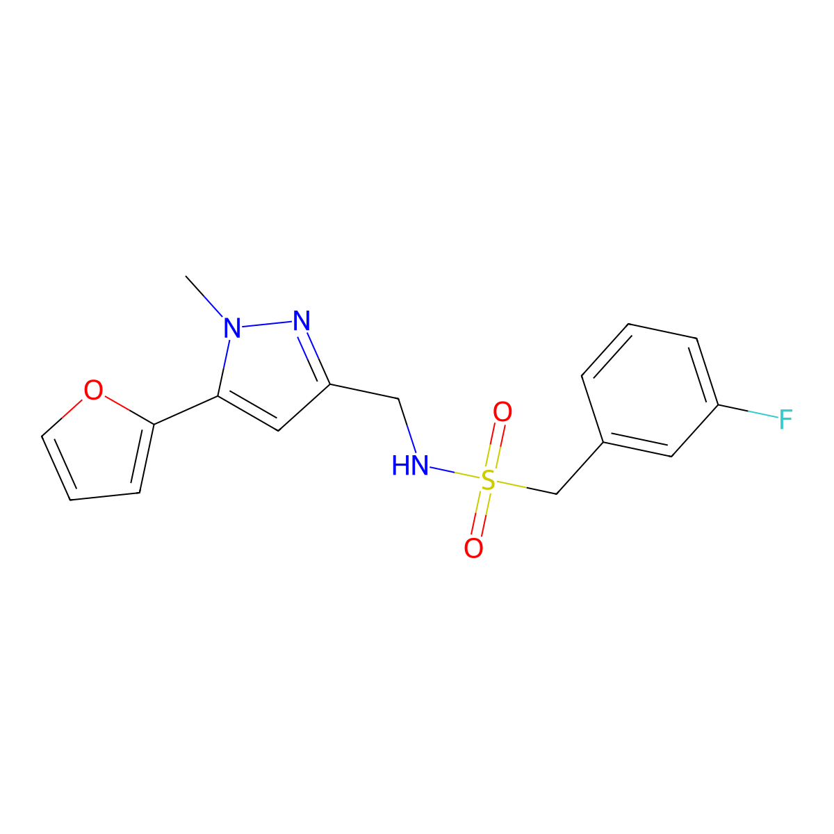 1-(3-fluorophenyl)-N-{[5-(furan-2-yl)-1-methyl-1H-pyrazol-3-yl]methyl}methanesulfonamide molecular structure, CAS 1421500-43-7