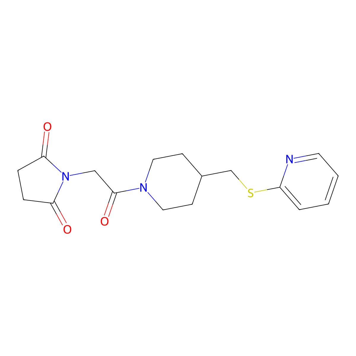1-(2-Oxo-2-(4-((pyridin-2-ylthio)methyl)piperidin-1-yl)ethyl)pyrrolidine-2,5-dione molecular structure, CAS 1421500-46-0