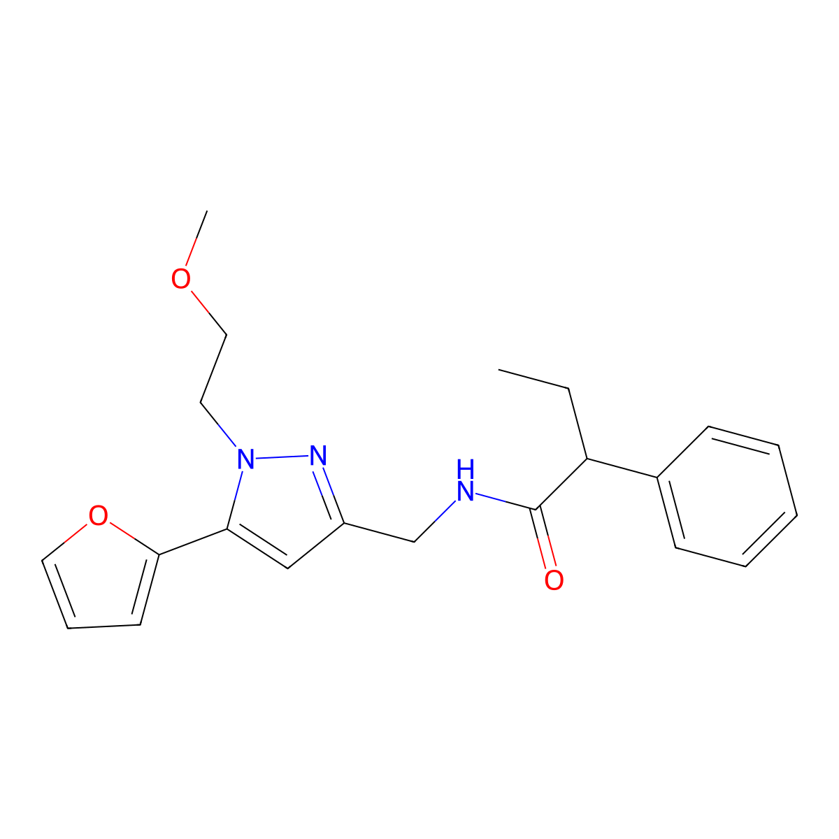 N-((5-(furan-2-yl)-1-(2-methoxyethyl)-1H-pyrazol-3-yl)methyl)-2-phenylbutanamide molecular structure, CAS 1421500-49-3