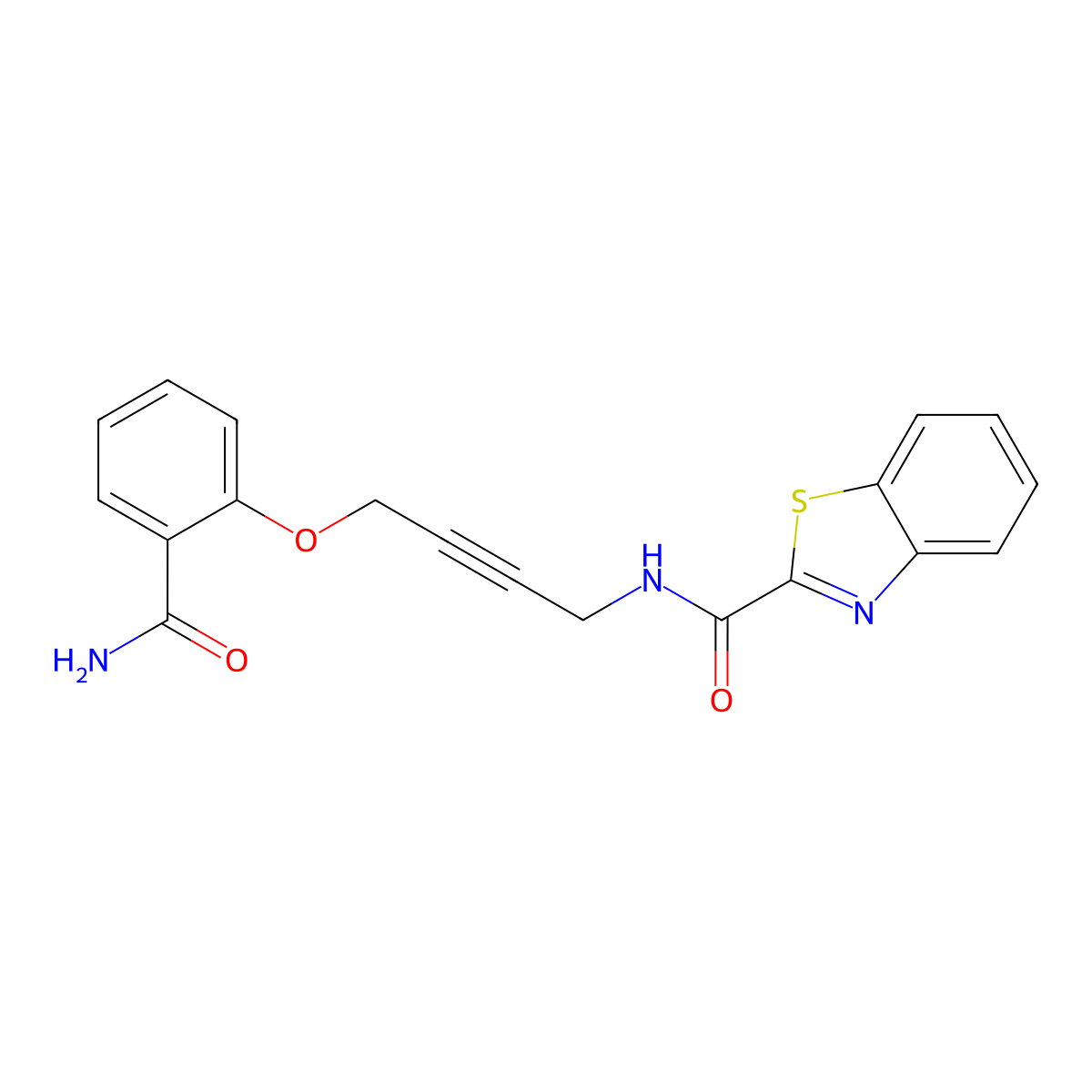 N-(4-(2-carbamoylphenoxy)but-2-yn-1-yl)benzo[d]thiazole-2-carboxamide molecular structure, CAS 1421500-59-5
