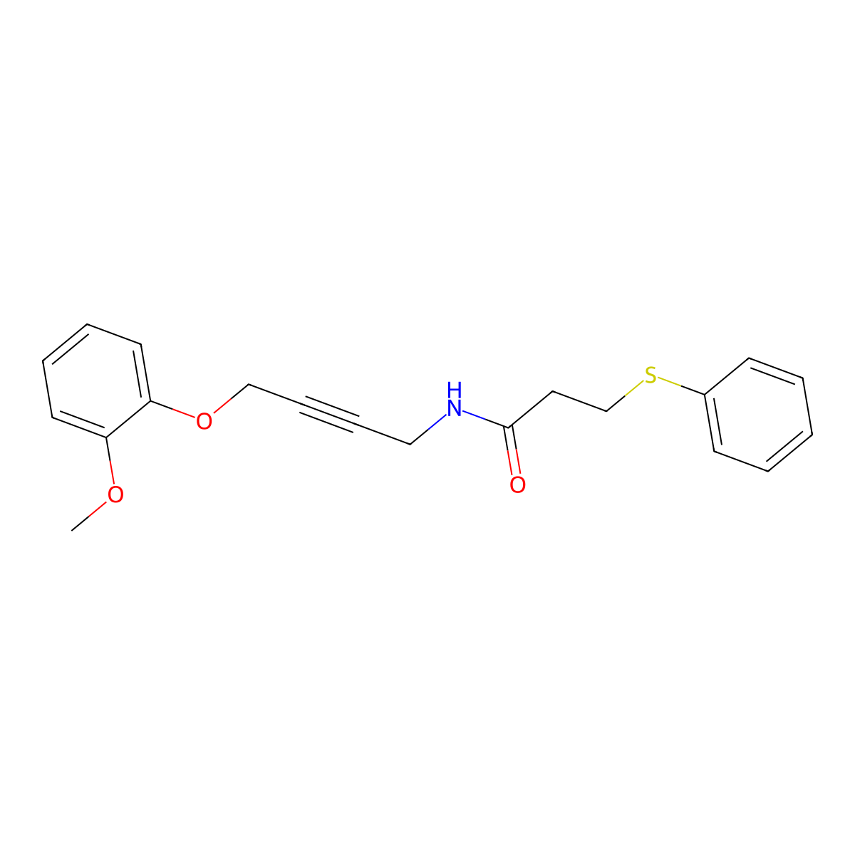 N-(4-(2-methoxyphenoxy)but-2-yn-1-yl)-3-(phenylthio)propanamide molecular structure, CAS 1421500-65-3