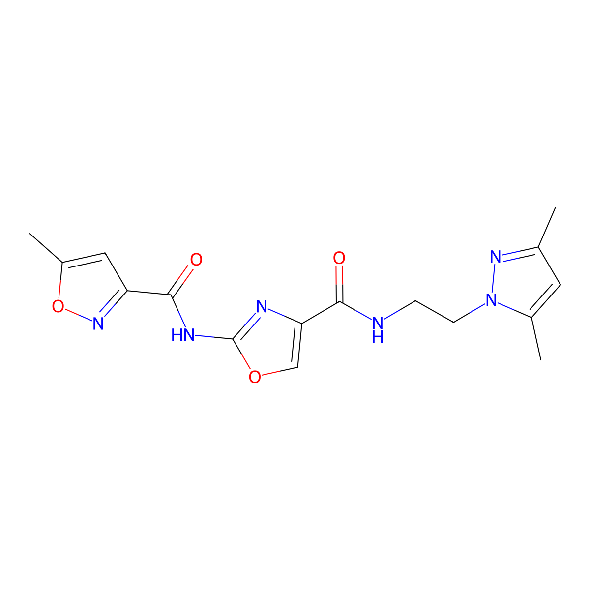 N-(4-((2-(3,5-dimethyl-1H-pyrazol-1-yl)ethyl)carbamoyl)oxazol-2-yl)-5-methylisoxazole-3-carboxamide molecular structure, CAS 1421500-69-7