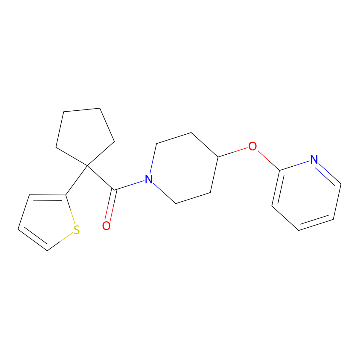 (4-(Pyridin-2-yloxy)piperidin-1-yl)(1-(thiophen-2-yl)cyclopentyl)methanone molecular structure, CAS 1421500-71-1