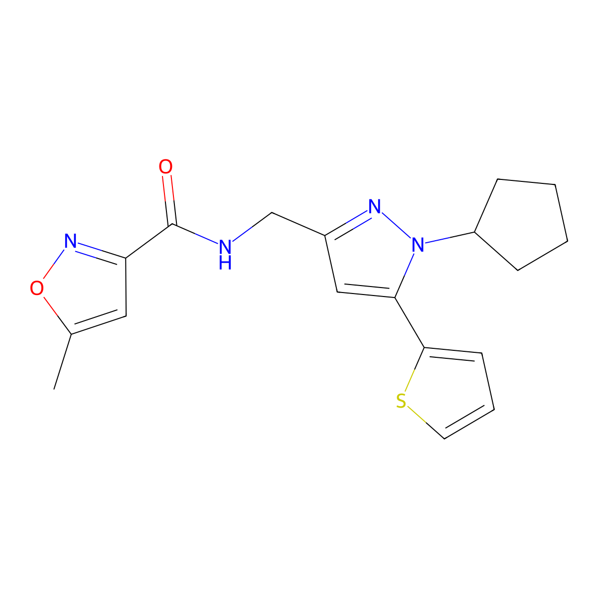 N-{[1-cyclopentyl-5-(thiophen-2-yl)-1H-pyrazol-3-yl]methyl}-5-methyl-1,2-oxazole-3-carboxamide molecular structure, CAS 1421500-95-9