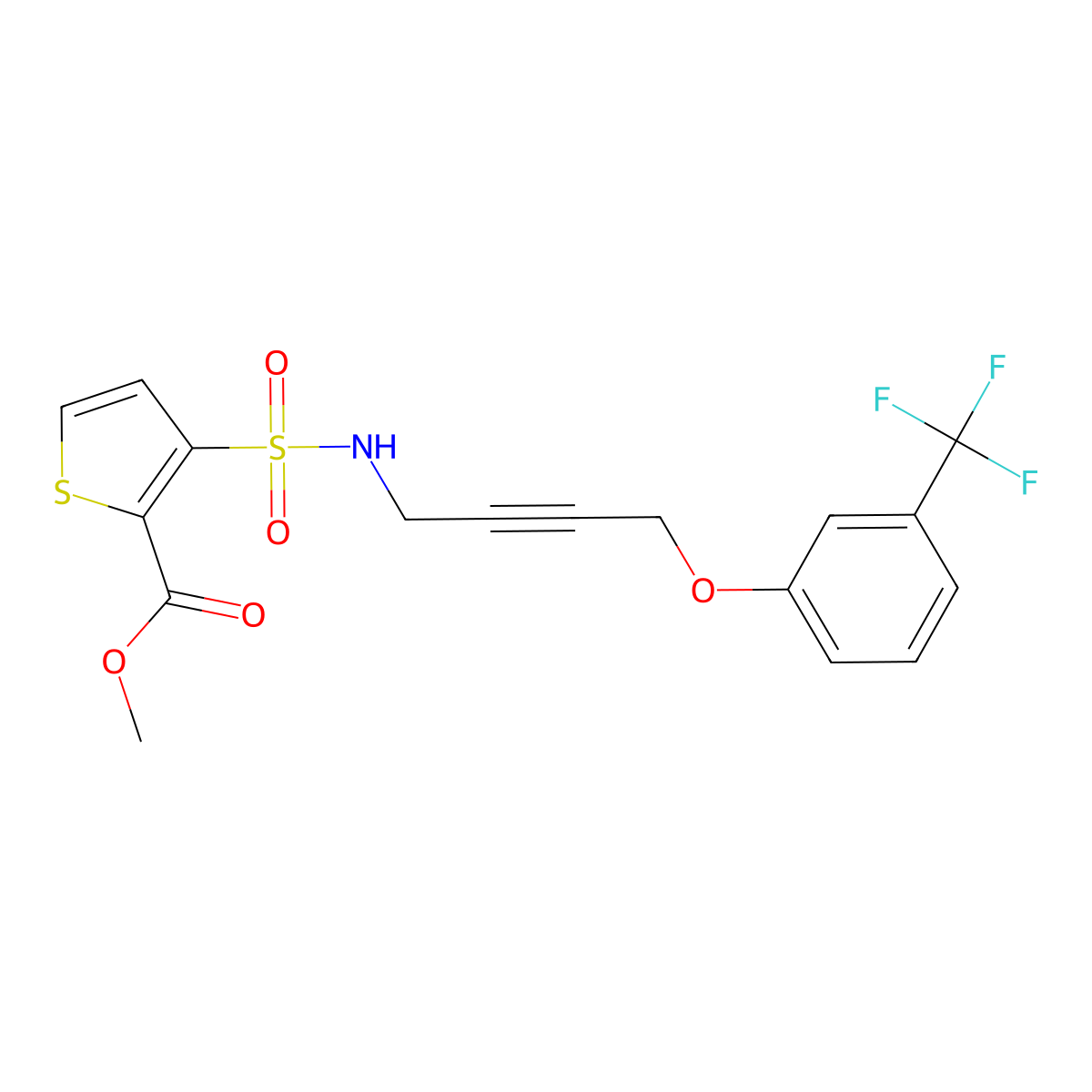 methyl 3-(N-(4-(3-(trifluoromethyl)phenoxy)but-2-yn-1-yl)sulfamoyl)thiophene-2-carboxylate molecular structure, CAS 1421500-98-2