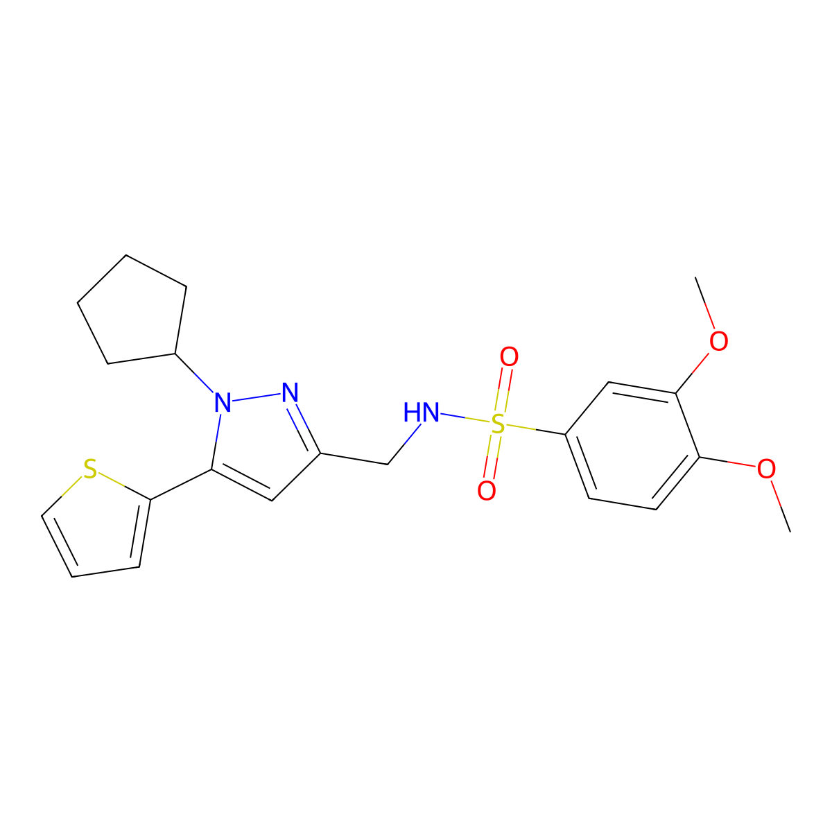 N-((1-cyclopentyl-5-(thiophen-2-yl)-1H-pyrazol-3-yl)methyl)-3,4-dimethoxybenzenesulfonamide molecular structure, CAS 1421501-02-1