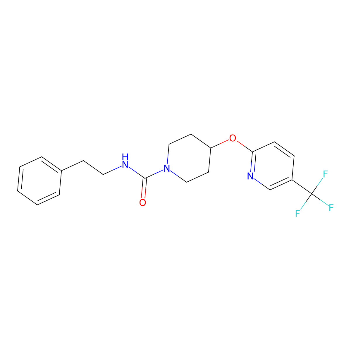 N-phenethyl-4-((5-(trifluoromethyl)pyridin-2-yl)oxy)piperidine-1-carboxamide molecular structure, CAS 1421501-07-6