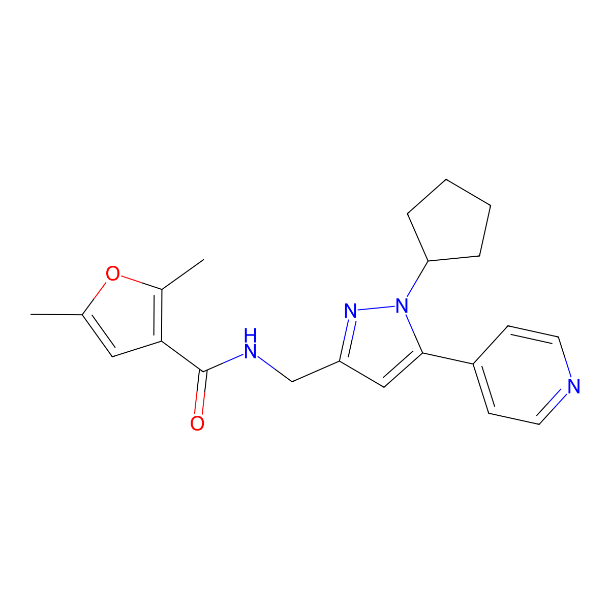 N-{[1-cyclopentyl-5-(pyridin-4-yl)-1H-pyrazol-3-yl]methyl}-2,5-dimethylfuran-3-carboxamide molecular structure, CAS 1421501-32-7