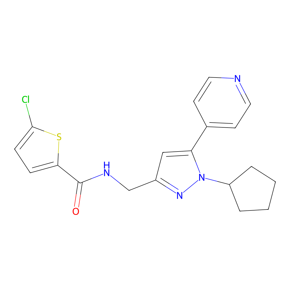 5-chloro-N-{[1-cyclopentyl-5-(pyridin-4-yl)-1H-pyrazol-3-yl]methyl}thiophene-2-carboxamide molecular structure, CAS 1421501-39-4