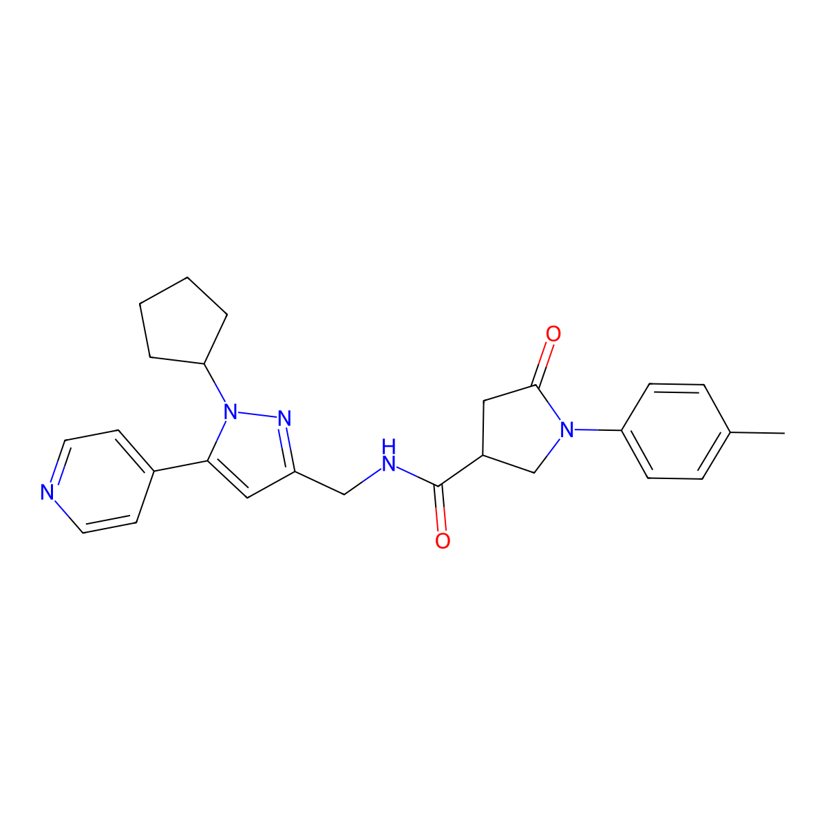 N-((1-cyclopentyl-5-(pyridin-4-yl)-1H-pyrazol-3-yl)methyl)-5-oxo-1-(p-tolyl)pyrrolidine-3-carboxamide molecular structure, CAS 1421501-54-3