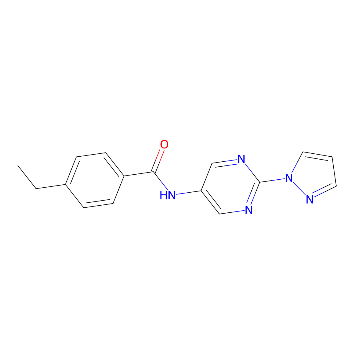 N-(2-(1H-pyrazol-1-yl)pyrimidin-5-yl)-4-ethylbenzamide molecular structure, CAS 1421501-59-8