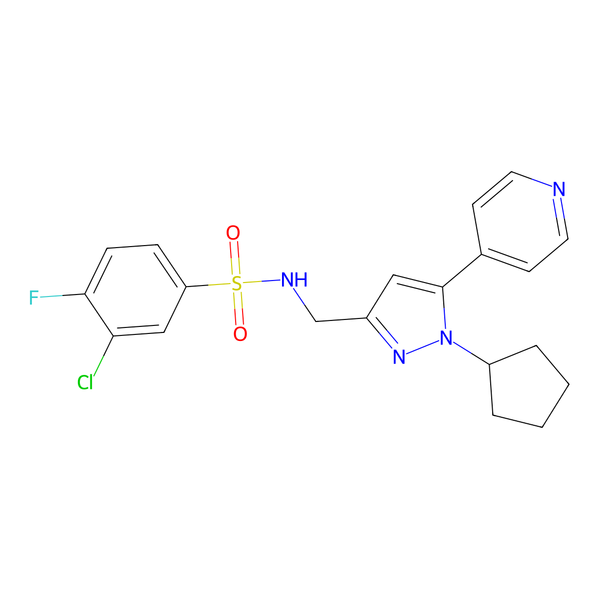 3-chloro-N-((1-cyclopentyl-5-(pyridin-4-yl)-1H-pyrazol-3-yl)methyl)-4-fluorobenzenesulfonamide molecular structure, CAS 1421501-61-2