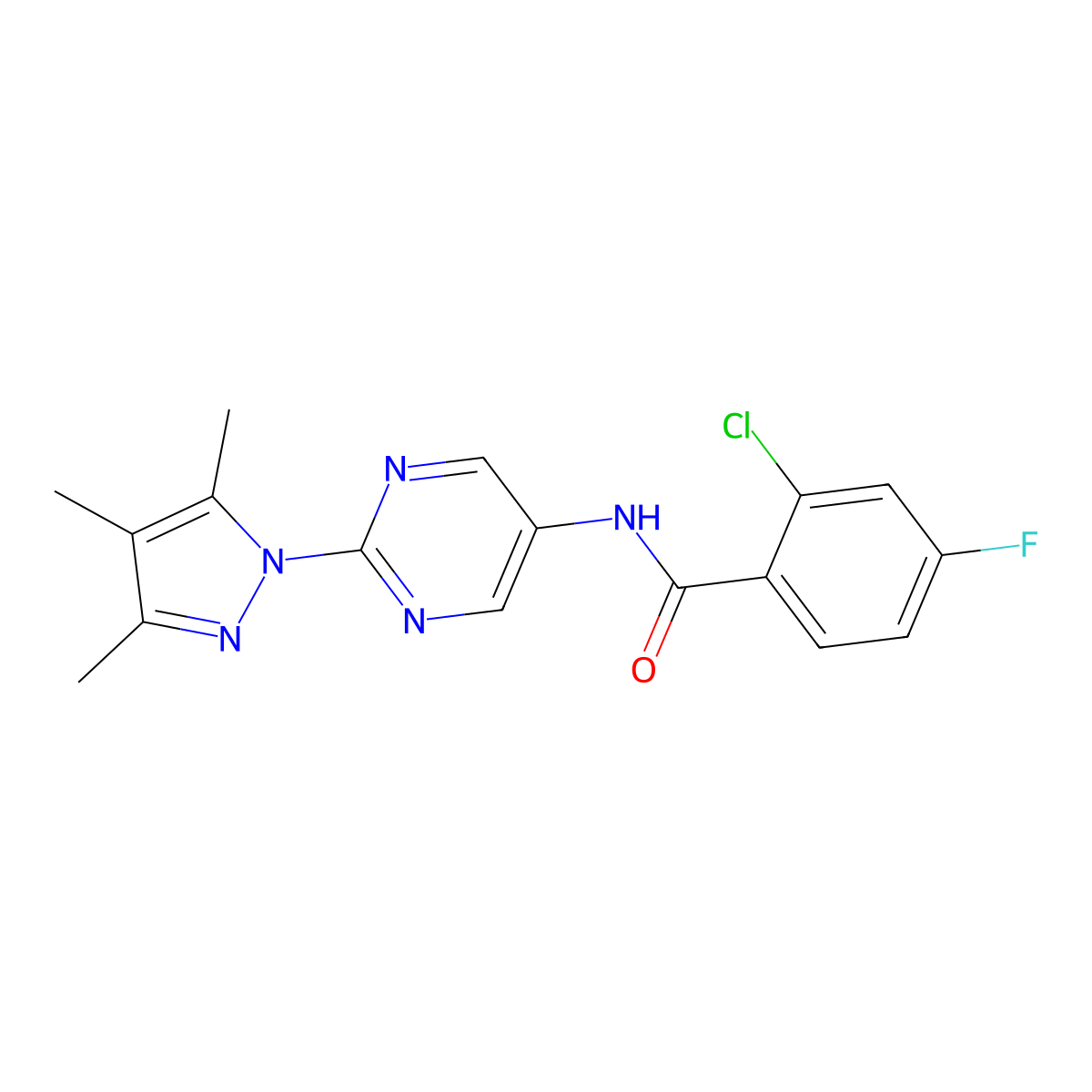 2-chloro-4-fluoro-N-[2-(3,4,5-trimethyl-1H-pyrazol-1-yl)pyrimidin-5-yl]benzamide molecular structure, CAS 1421501-66-7