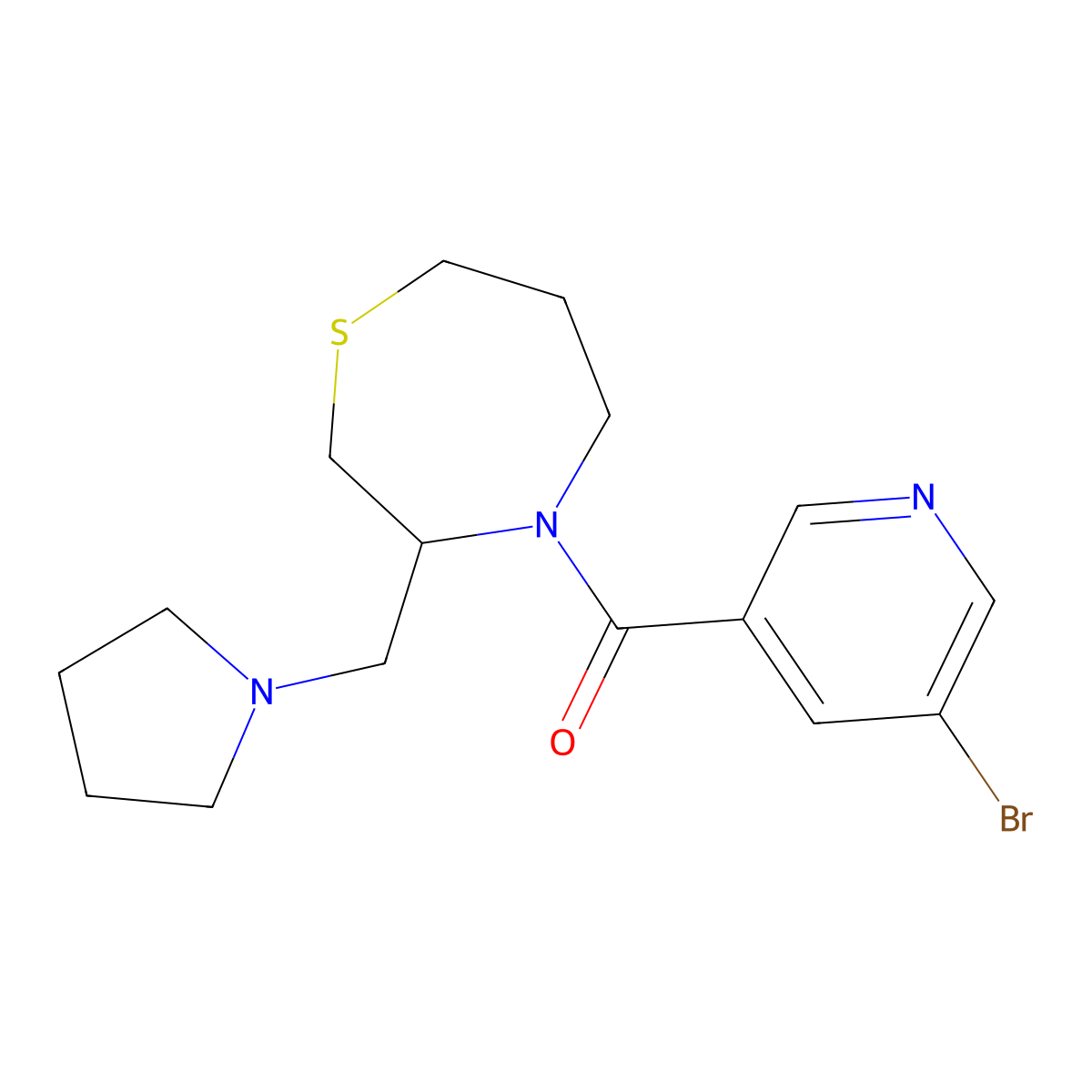 (5-Bromopyridin-3-yl)(3-(pyrrolidin-1-ylmethyl)-1,4-thiazepan-4-yl)methanone molecular structure, CAS 1421504-27-9