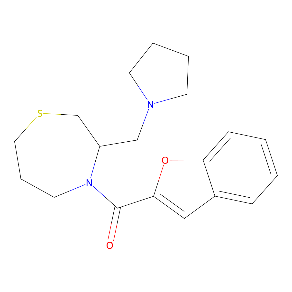 Benzofuran-2-yl(3-(pyrrolidin-1-ylmethyl)-1,4-thiazepan-4-yl)methanone molecular structure, CAS 1421504-34-8