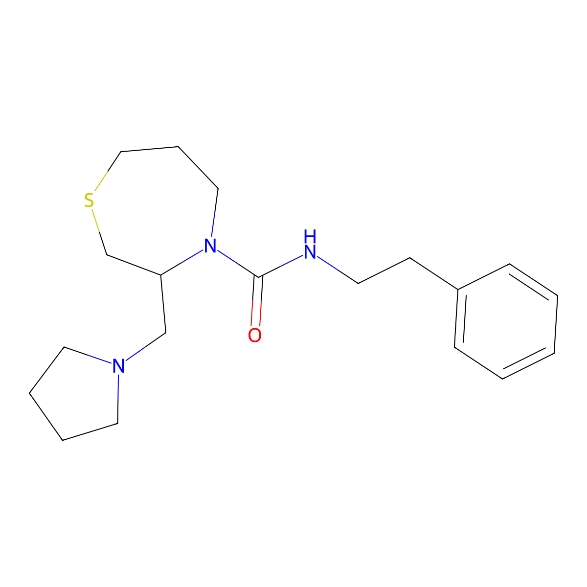 N-phenethyl-3-(pyrrolidin-1-ylmethyl)-1,4-thiazepane-4-carboxamide molecular structure, CAS 1421504-50-8