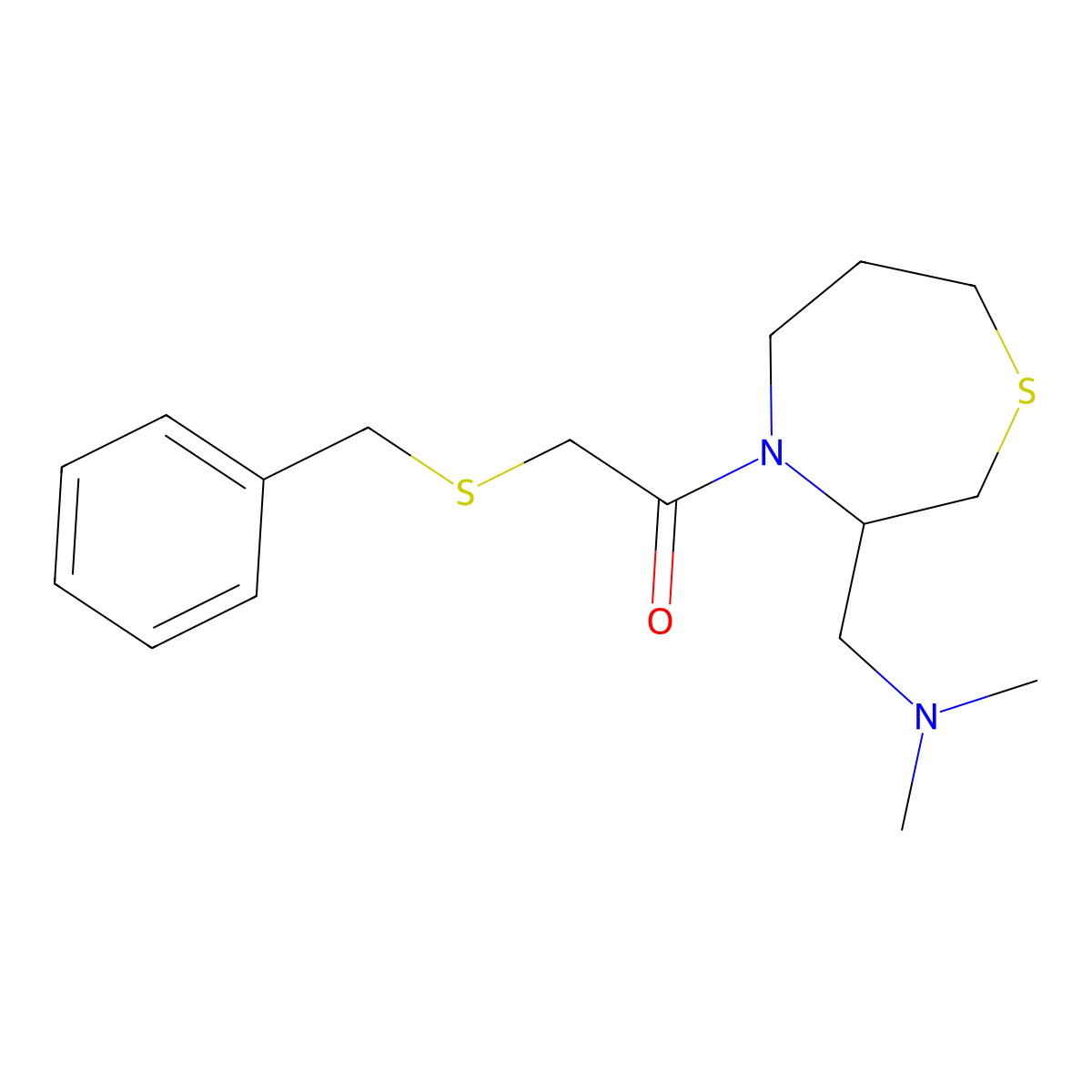 2-(Benzylthio)-1-(3-((dimethylamino)methyl)-1,4-thiazepan-4-yl)ethanone molecular structure, CAS 1421504-54-2