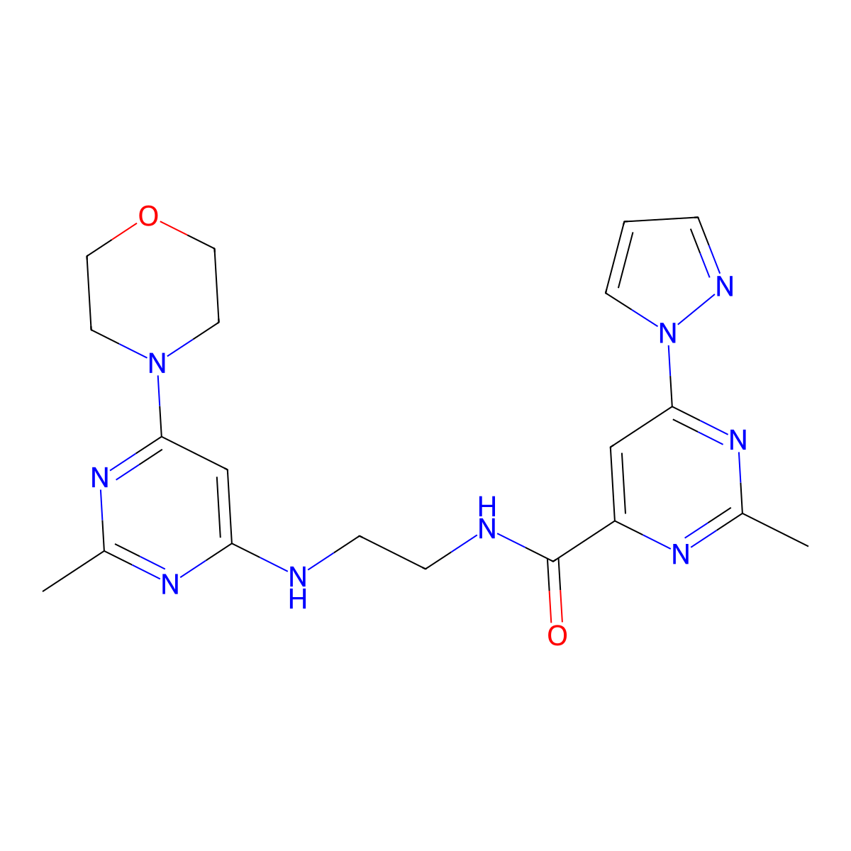 2-methyl-N-(2-((2-methyl-6-morpholinopyrimidin-4-yl)amino)ethyl)-6-(1H-pyrazol-1-yl)pyrimidine-4-carboxamide molecular structure, CAS 1421504-58-6