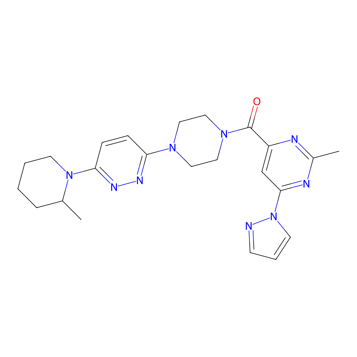 (2-methyl-6-(1H-pyrazol-1-yl)pyrimidin-4-yl)(4-(6-(2-methylpiperidin-1-yl)pyridazin-3-yl)piperazin-1-yl)methanone molecular structure, CAS 1421504-62-2