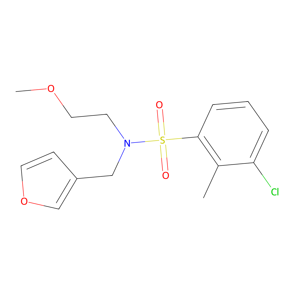 3-chloro-N-(furan-3-ylmethyl)-N-(2-methoxyethyl)-2-methylbenzenesulfonamide molecular structure, CAS 1421504-63-3