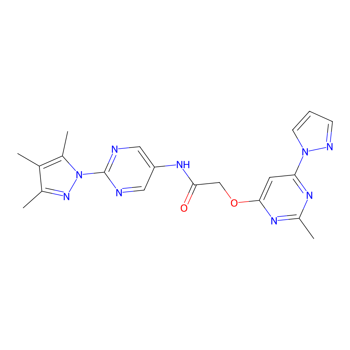 2-{[2-methyl-6-(1H-pyrazol-1-yl)pyrimidin-4-yl]oxy}-N-[2-(3,4,5-trimethyl-1H-pyrazol-1-yl)pyrimidin-5-yl]acetamide molecular structure, CAS 1421504-85-9