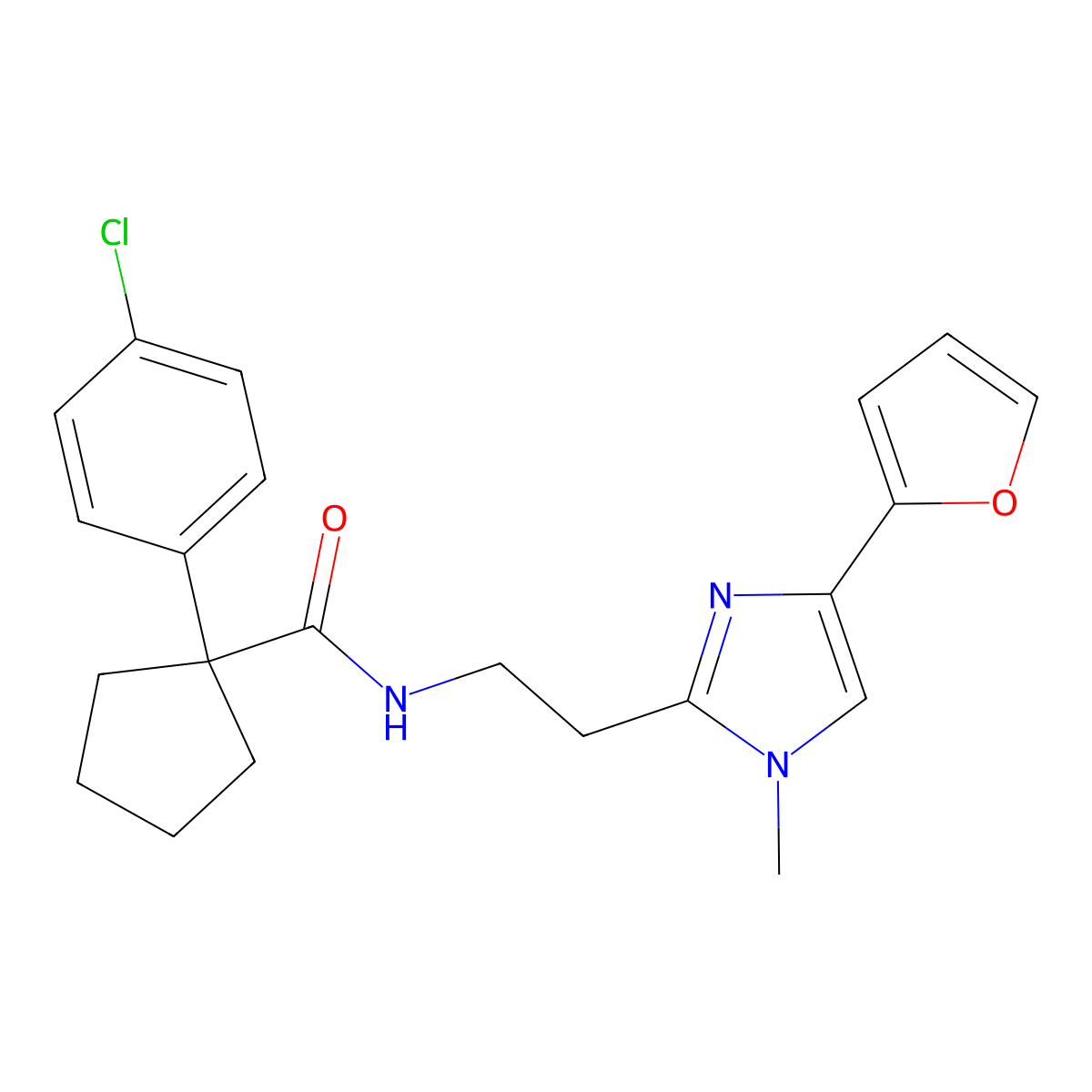 1-(4-chlorophenyl)-N-(2-(4-(furan-2-yl)-1-methyl-1H-imidazol-2-yl)ethyl)cyclopentanecarboxamide molecular structure, CAS 1421504-86-0